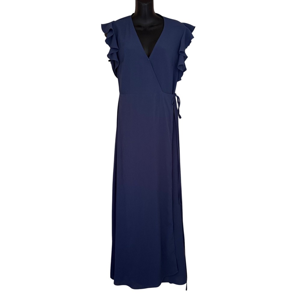 Le Lis Navy Wrap Maxi Dress L Flutter Sleeve Fit Flare Romantic Wedding Feminine